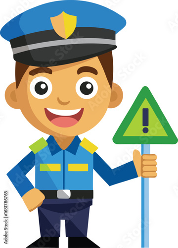 Vector art of cartoon police officer in uniform holding a warning sign