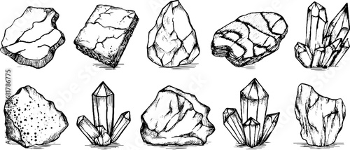 Hand drawn doodle icons set of fragmented textures featuring crystals and rocks