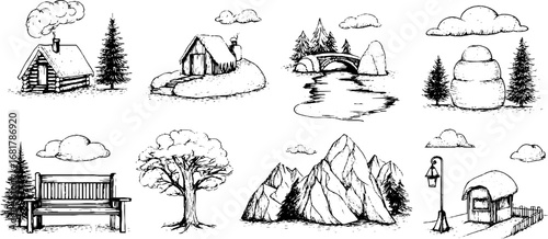 Hand drawn winter doodle icons set featuring snowy landscapes and rustic homes
