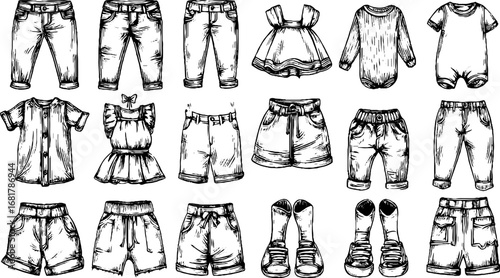Hand drawn doodle icon set of jeans, trousers, shorts, and kids clothing for design