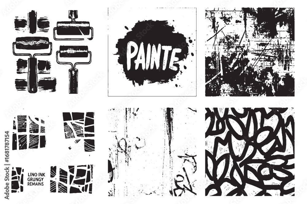 Naklejka premium Grunge Ink Roller Textures and Abstract Paint Patterns Collection