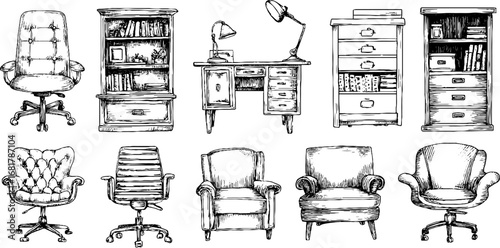 Vintage hand drawn doodle icons set of office desk and swivel chairs for creative workspace design