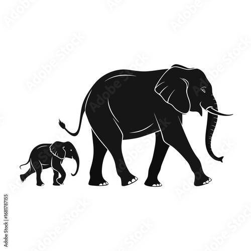 A simple black vector silhouette illustration of a mother elephant walking with her baby calf, isolated on a white background