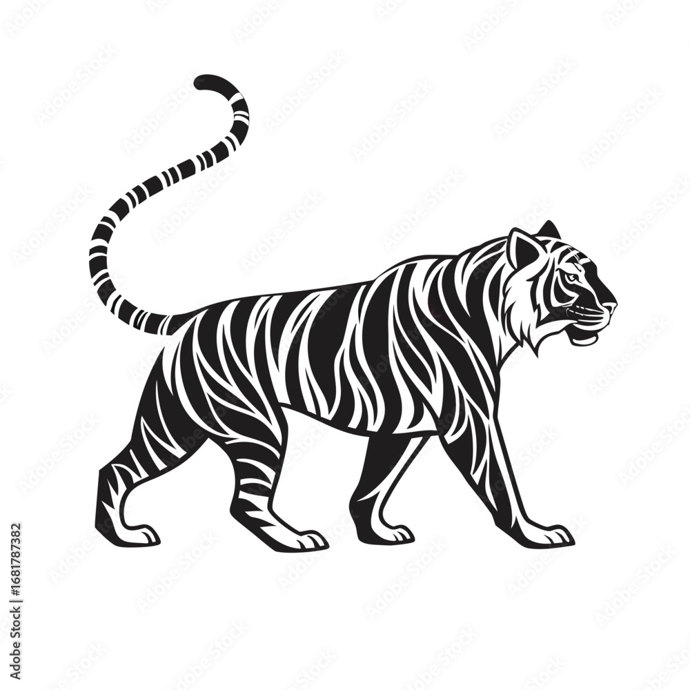 Fototapeta premium Black and white vector illustration of a majestic tiger walking, a classic tattoo style graphic design element isolated on a clean background