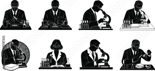 Black and white vector illustrations of male and female scientists working with microscopes, test tubes, and laboratory equipment.