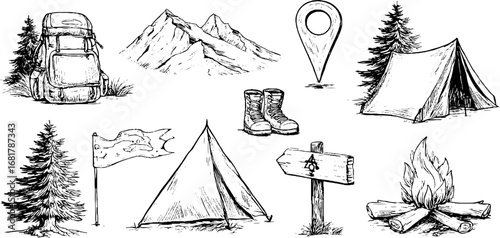 Hand drawn doodle icons set featuring camping and hiking essentials for outdoor adventure design