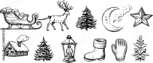 Hand drawn winter doodle icons set featuring sleigh, reindeer, and winter elements for holiday design