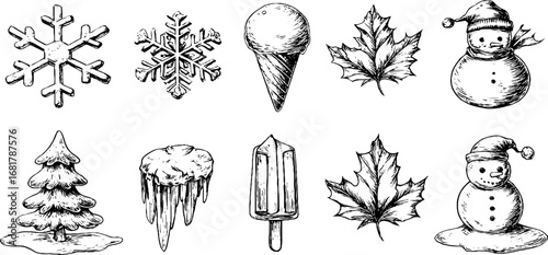 Winter and holiday themed hand drawn doodle icons set featuring snowflakes, snowballs, and seasonal elements