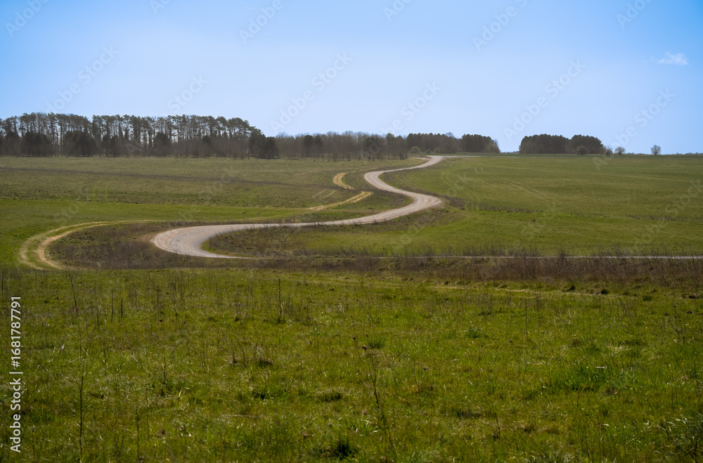 Naklejka premium a winding stone track road disappearing on the horizon