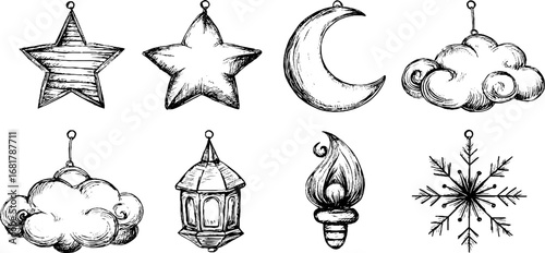 Hand drawn doodle icons set featuring star, moon, clouds, lantern, candle, snowflake
