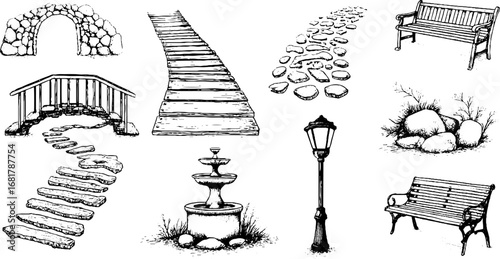 Hand drawn doodle icons set featuring stone paths and garden elements for design projects