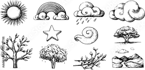 Hand drawn doodle icon set featuring sun, clouds, rainbow, and nature elements for creative design