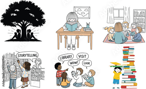 Children reading books in library, storytelling activities, learning under tree, classroom education, book stack illustration, kids studying vector design