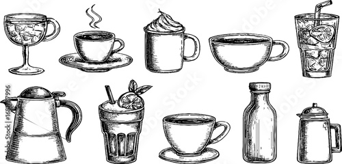 Hand drawn collection of tea and coffee mugs with doodle style sketches for cafe design