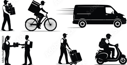 Delivery service workers with boxes, courier riding bicycle, scooter and van, package shipping, fast logistics, transportation and distribution vector illustration