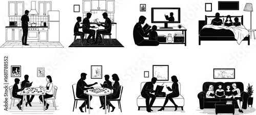 Family indoor activities and leisure time silhouettes vector set showing cooking, eating, reading, playing board games, and relaxing.