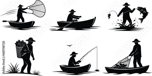 Fishermen catching fish using nets and rods, rowing boats, and carrying fish baskets in traditional fishing vector illustration set.