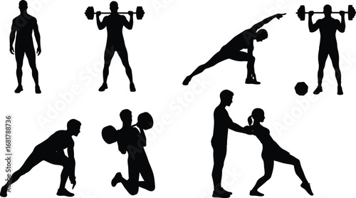 Fitness silhouettes of men and women, weightlifting, stretching, personal training, strength exercises, bodybuilding workout poses, gym illustrations.
