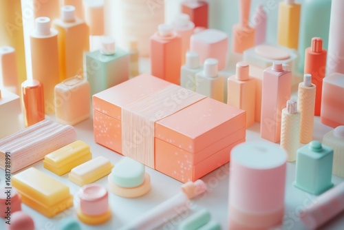 Creative mockup of a pastel cosmetic gift box surrounded by skincare and beauty products in colorful packaging, ideal for branding, retail 