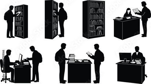 Library vector silhouettes of students reading books, using computers, and interacting with librarians, education and research illustration set.