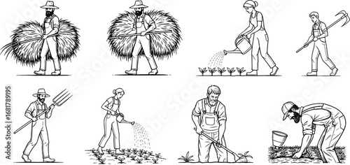 Line art vector of farmers working in agriculture – harvesting, planting, watering crops, digging soil, farming and rural life