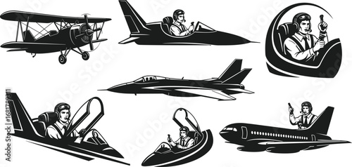 Pilot silhouettes in cockpits of military jet, vintage biplane, and passenger aircraft, aviation crew vector set, flight controls.