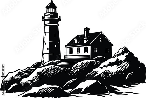 Classic lighthouse and keeper s cottage on rocky shore