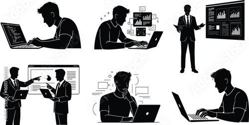 Programmers and data analysts working on laptops with code, charts, teamwork, and digital technology in modern office vector illustration.