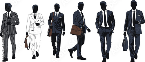 Professional businesspeople walking confidently in suits carrying briefcases, formal corporate illustrations representing business travel, ambition, mobility, leadership, and success
