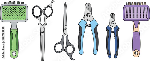 Pet grooming tools collection for dog and cat care illustration