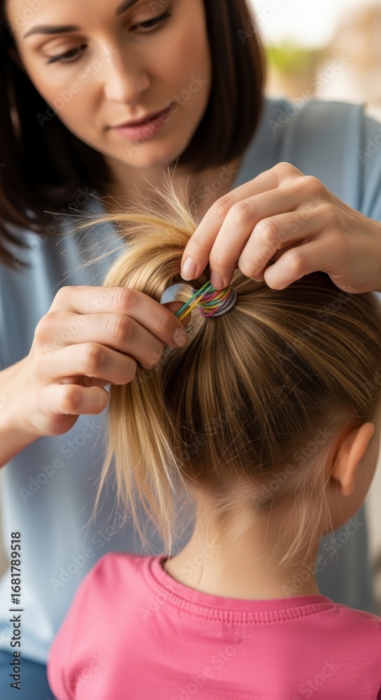 Naklejka premium A woman styles a young girl's hair, using colorful hair ties to create a neat ponytail, showcasing a nurturing and creative moment between them.
