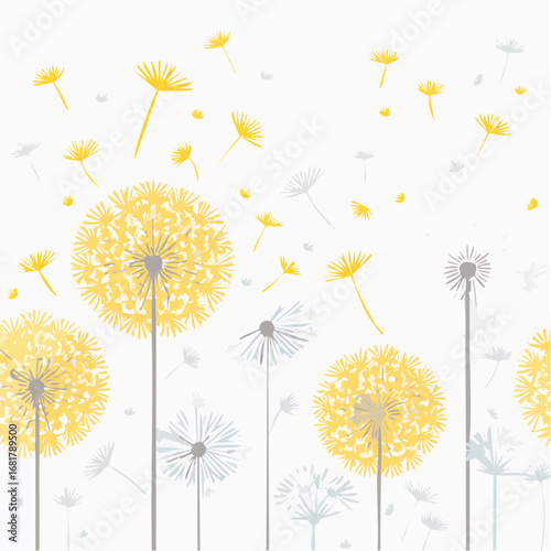 Dandelion seeds blowing whimsical art yellow and gray delicate botanical nature