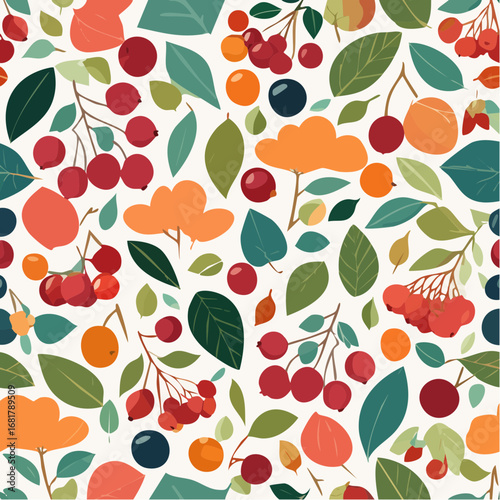 Autumn berries seamless pattern with leaves and rowan branches natural aesthetic seasonal