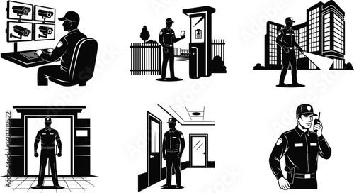 Security guard performing duties including monitoring, patrolling, access control, surveillance, communication, and building protection in vector illustration set.