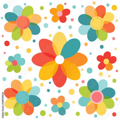 Colorful flowers cheerful style vibrant petals polka dots spring theme playful mood