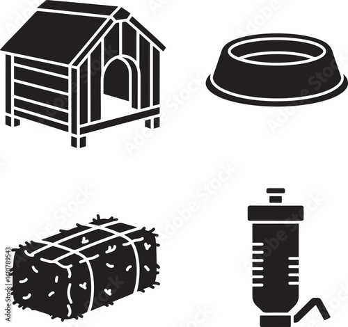 Vector illustration featuring essential pet and farm elements in a black and white design concept