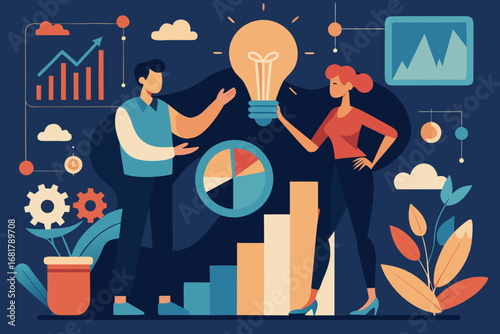 Male and female figures with idea icons, charts, and communication bubbles — teamwork and equality