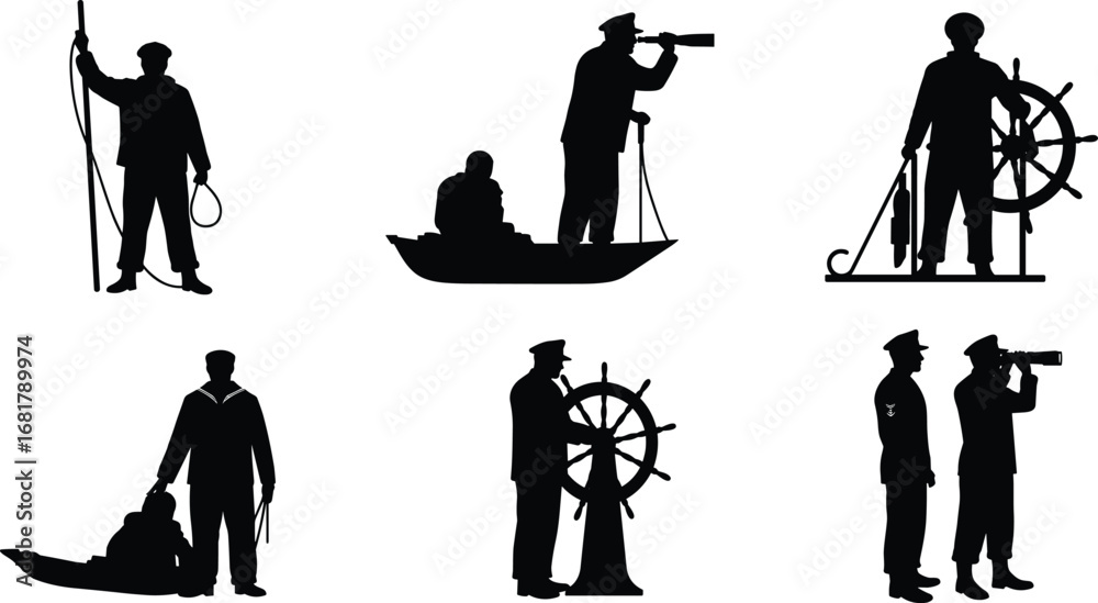 Obraz premium Silhouette vector of sailors and captains navigating boats, steering wheels, and using telescopes, perfect for nautical or maritime themes.