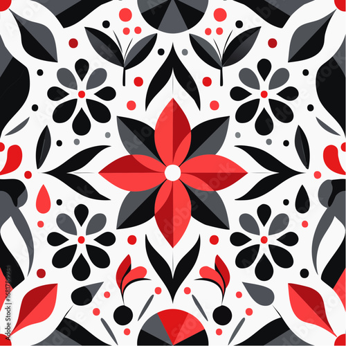 Floral pattern symmetrical arrangement red black gray colors decorative tile elegant style
