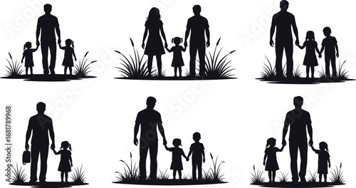Silhouette vector of father walking with children in nature—father with kids exploring outdoors, symbolizing parental guidance, protection, family bond, natural connection