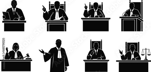 Silhouettes of judges and lawyers in courtroom settings, speaking, reading, giving verdicts, and holding gavels or legal symbols.