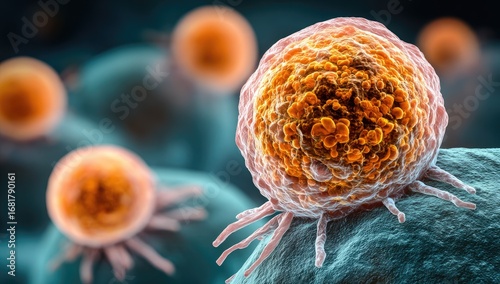 Close-up view of a cancer cell, highlighted by warm orange hues, amongst other cells, set against a teal backdrop, showing intricate cellular structures.