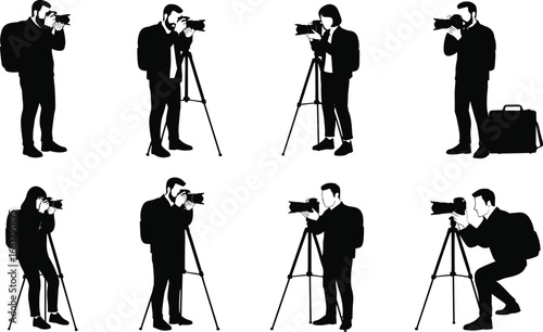 Silhouettes of photographers taking pictures with cameras and tripods, using professional gear, kneeling, standing, or carrying equipment.