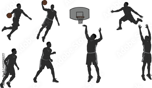 Vector basketball player silhouettes, basketball action poses, basketball dunk, jump shot, dribbling, sports athletes, basketball game, basketball court.