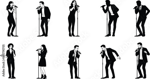 Vector illustration set of male and female singers performing with microphones on stage, solo vocalists singing in concerts or shows.