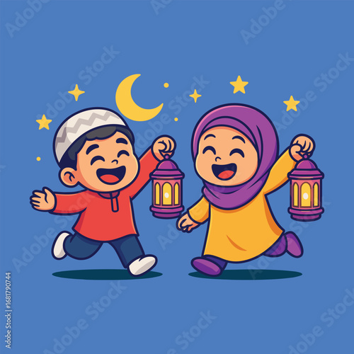 Happy muslim kids with lanterns cute vector cartoon