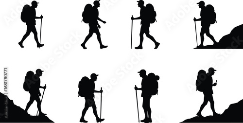 Vector set of hiking man silhouettes with backpack and walking stick, trekking outdoors, mountain climbing and nature exploration.
