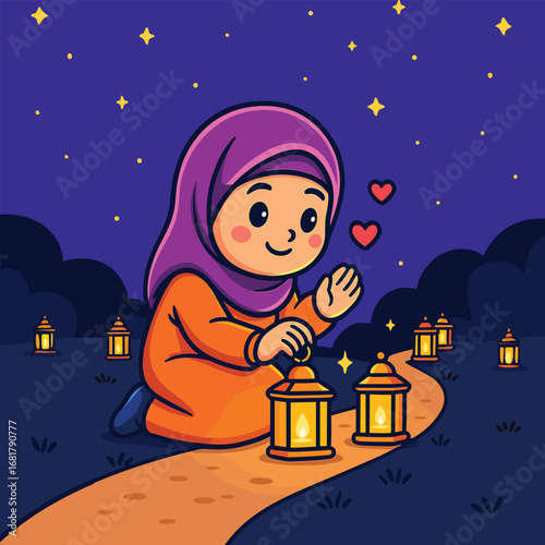 Muslim girl with lanterns at night vector cartoon