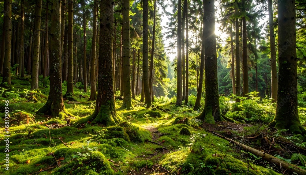 Obraz premium Sunlight streams through a dense forest, illuminating mossy ground and towering trees.