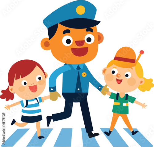 Vector art of policeman escorting two happy children across a crosswalk
